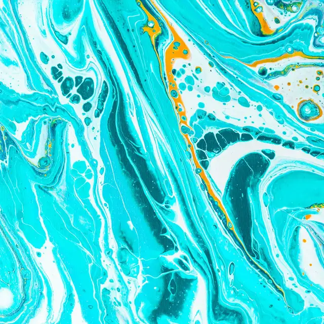 Dynamic acrylic painting with flowing turquoise patterns and vivid orange accents.