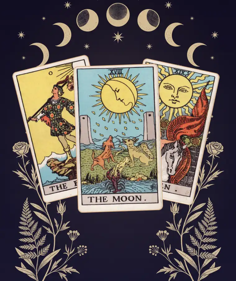 Three Rider-Waite-Smith tarot cards, The Moon between The Fool and The Sun, fanned beneath an arc of moon phases with engraved botanical ornaments